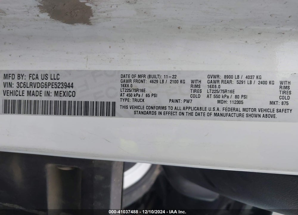 2023 RAM PROMASTER 2500 HIGH ROOF 159 WB VIN: 3C6LRVDG6PE523944