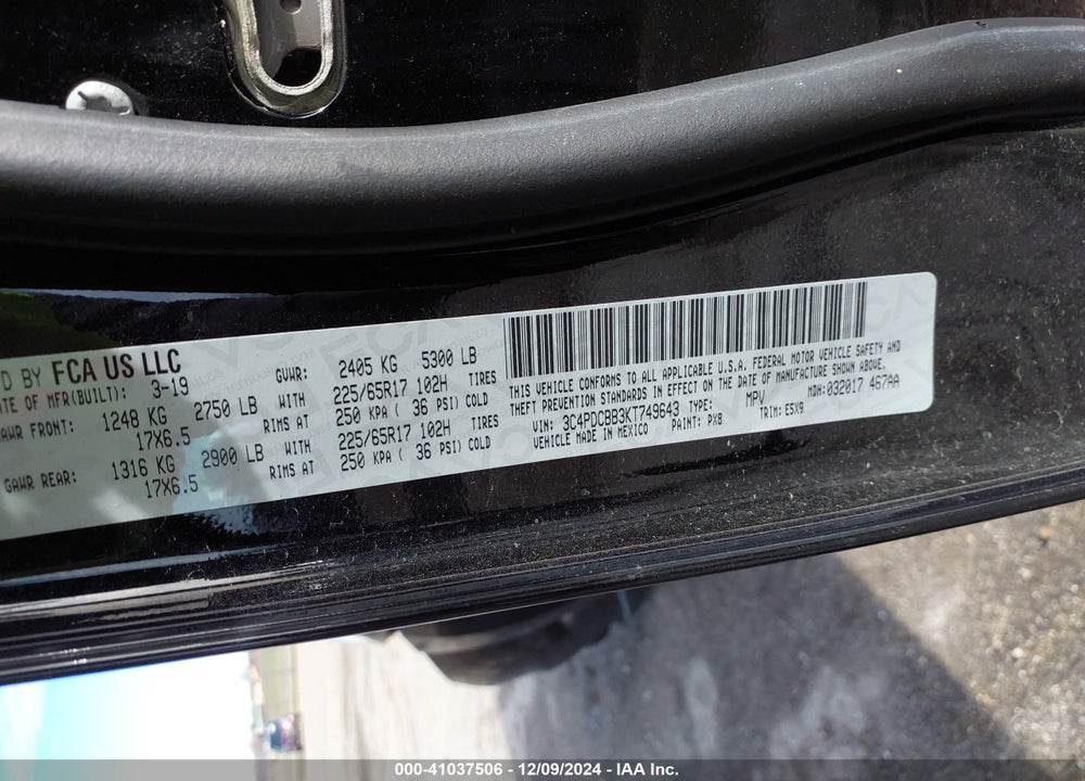 2019 DODGE JOURNEY SE VIN: 3C4PDCBB3KT749643