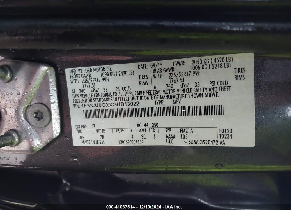 2016 FORD ESCAPE VIN: 1FMCU0GXXGUB13022