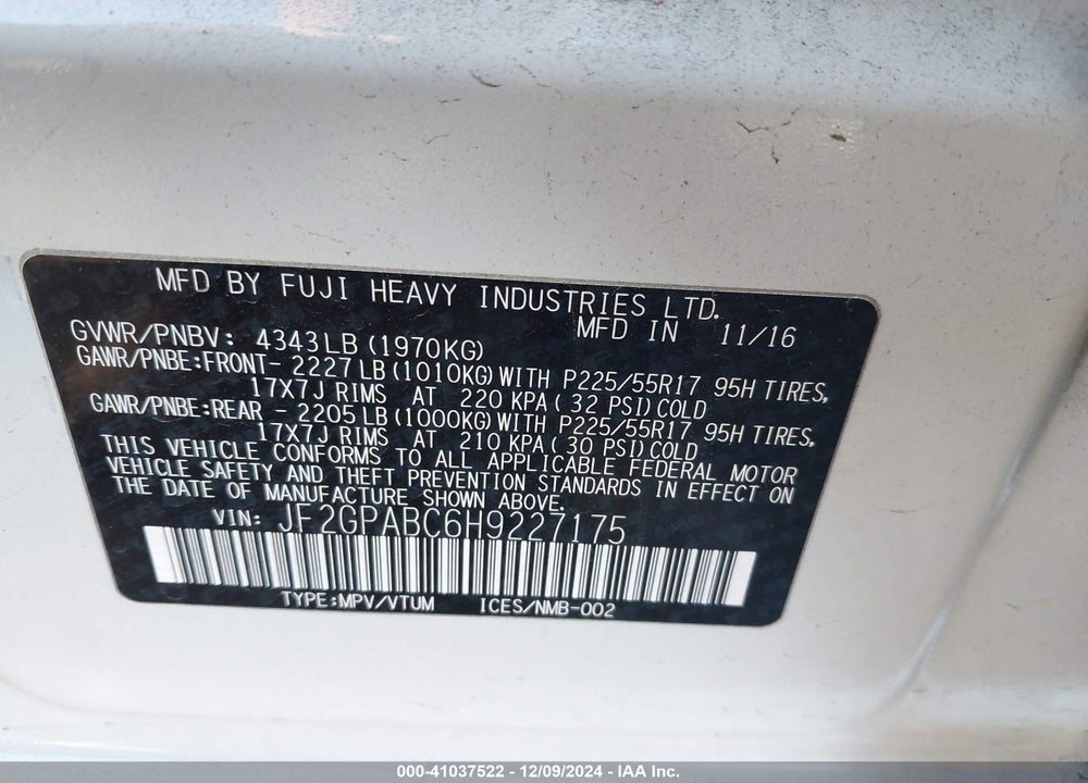 2017 SUBARU CROSSTREK 2.0I PREMIUM VIN: JF2GPABC6H9227175