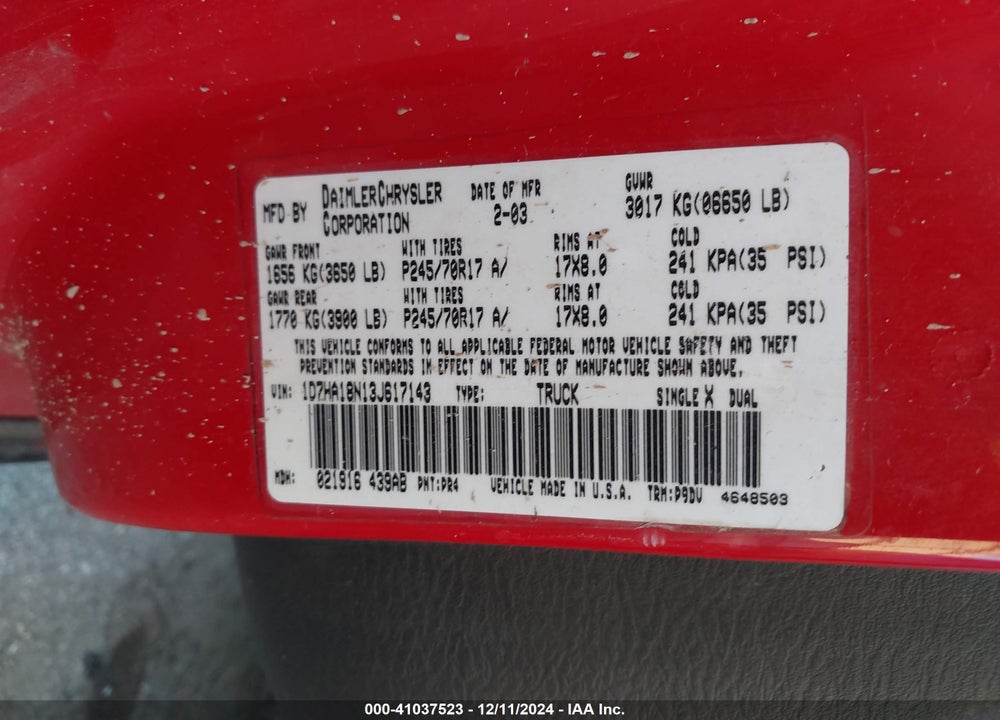 2003 DODGE RAM 1500 SLT/LARAMIE/ST VIN: 1D7HA18N13J617143