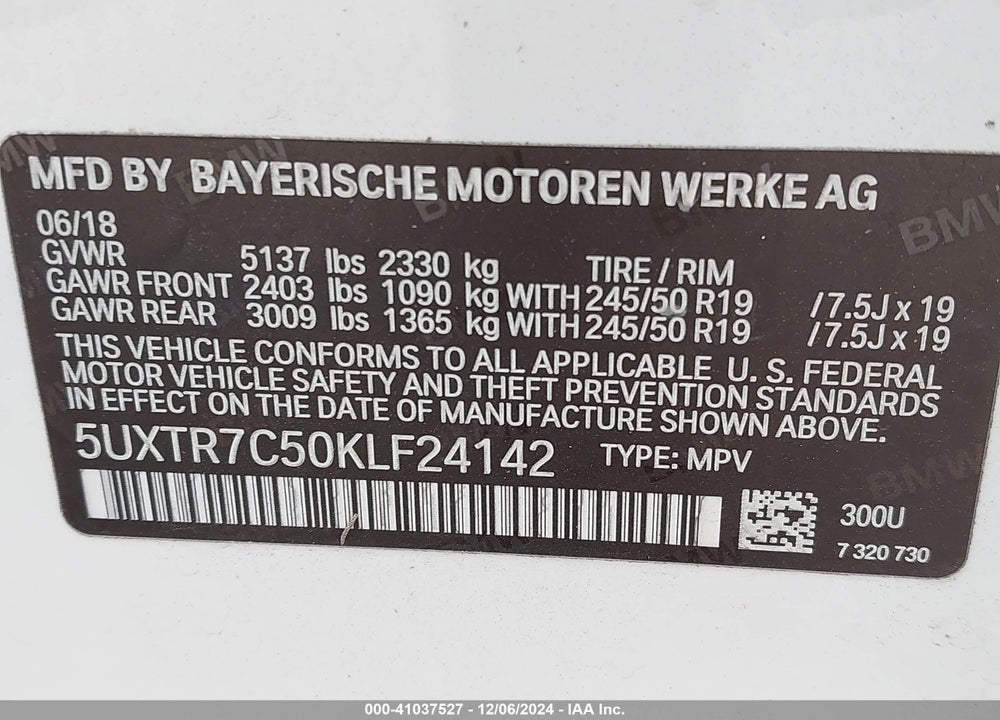 2019 BMW X3 SDRIVE30I VIN: 5UXTR7C50KLF24142