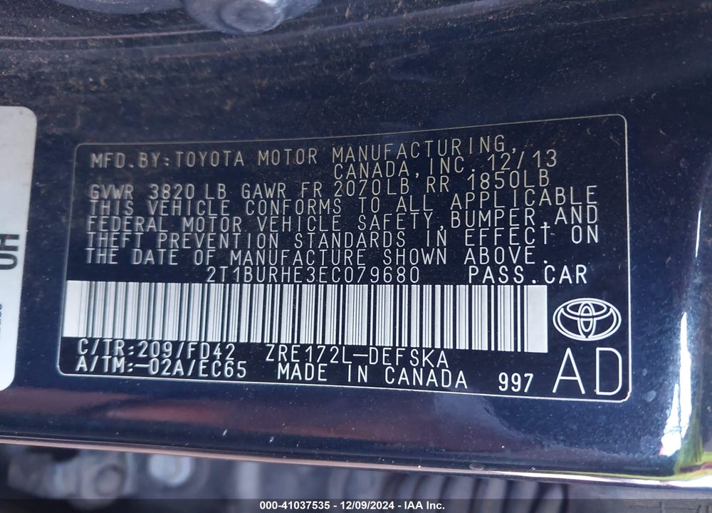 2014 TOYOTA COROLLA S PLUS VIN: 2T1BURHE3EC079680