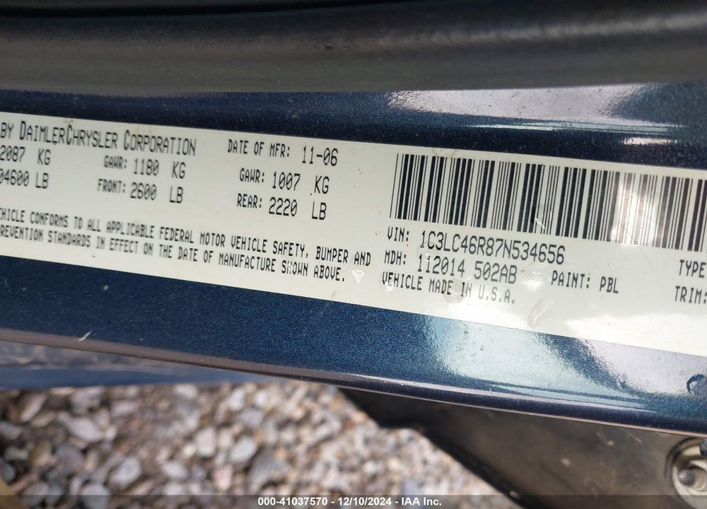 2007 CHRYSLER SEBRING VIN: 1C3LC46R87N534656