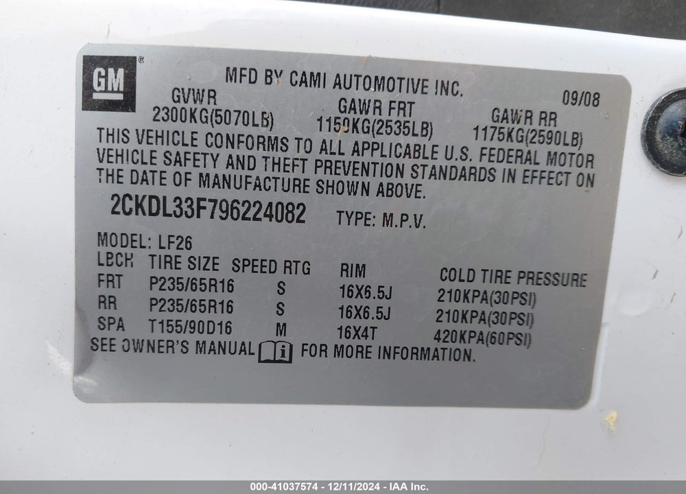 2009 PONTIAC TORRENT VIN: 2CKDL33F796224082