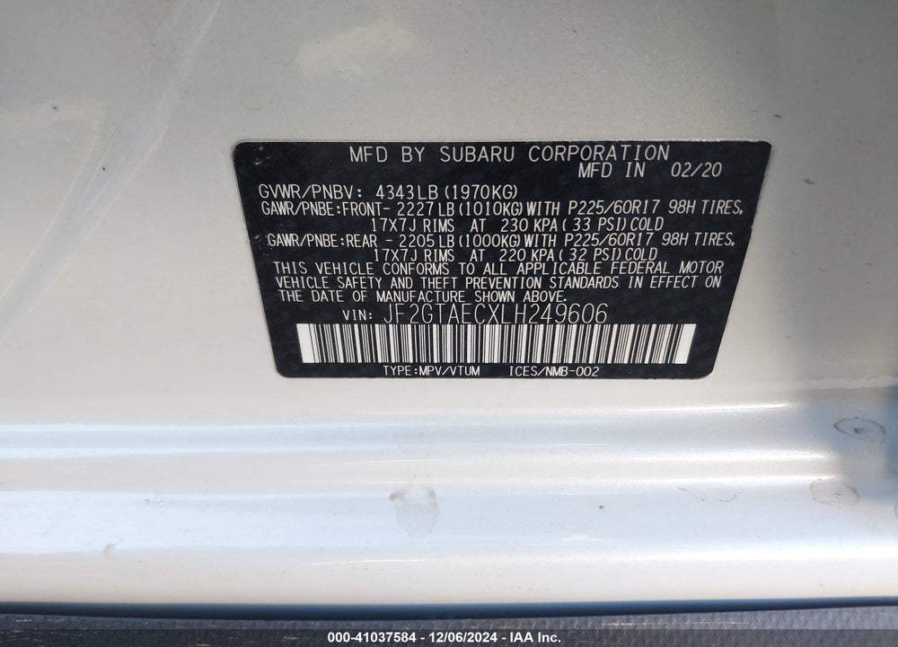 2020 SUBARU CROSSTREK PREMIUM VIN: JF2GTAECXLH249606