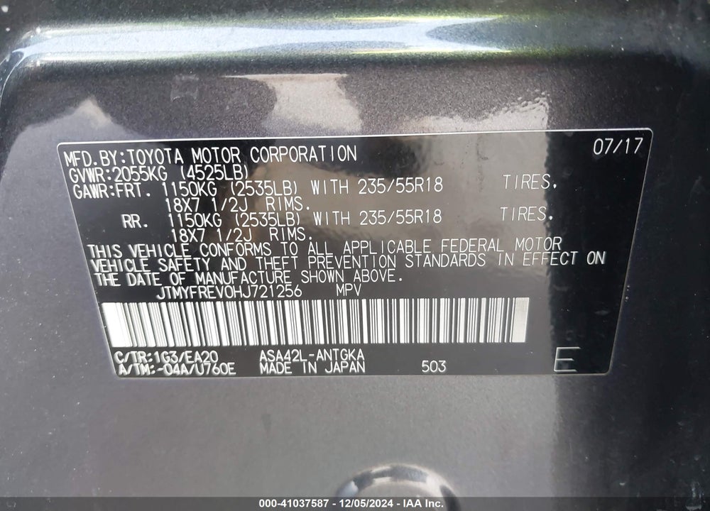2017 TOYOTA RAV4 LIMITED VIN: JTMYFREV0HJ721256