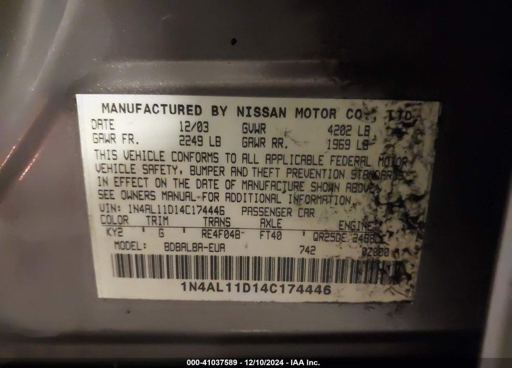 2004 NISSAN ALTIMA 2.5 S VIN: 1N4AL11D14C174446
