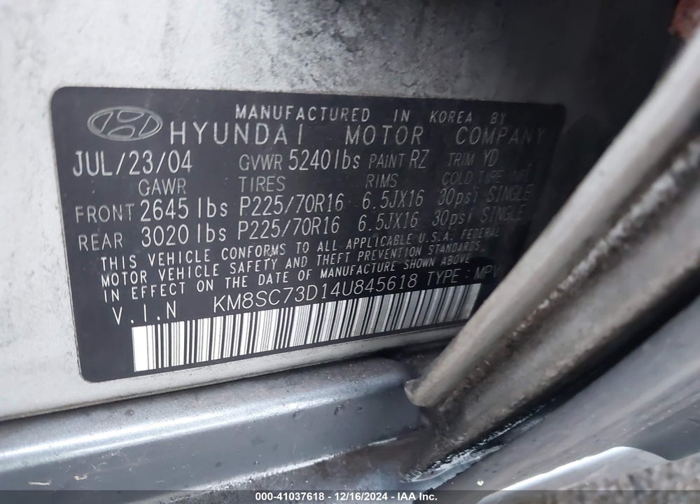 2004 HYUNDAI SANTA FE GLS VIN: KM8SC73D14U845618