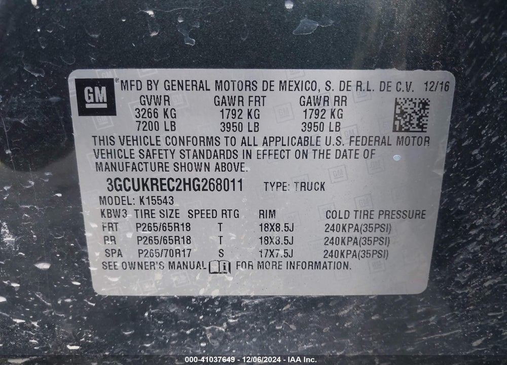 2017 CHEVROLET SILVERADO 1500 2LT VIN: 3GCUKREC2HG268011