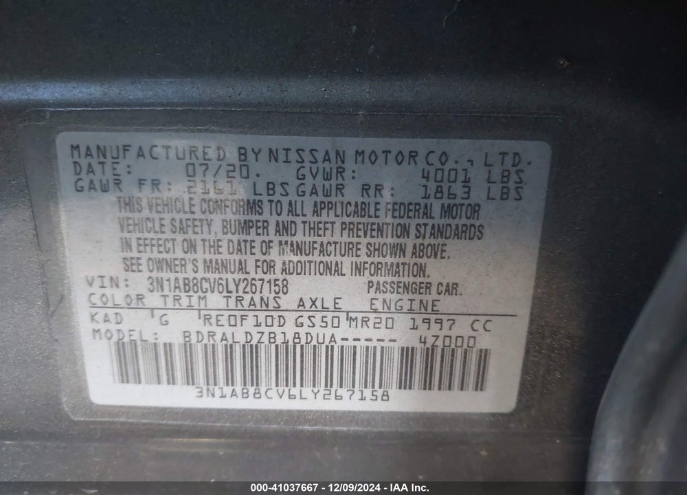2020 NISSAN SENTRA VIN: 3N1AB8CV6LY267158