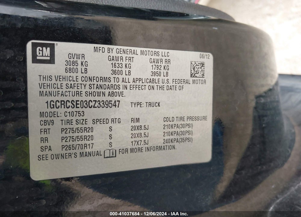 2012 CHEVROLET SILVERADO 1500 LT VIN: 1GCRCSE03CZ339547