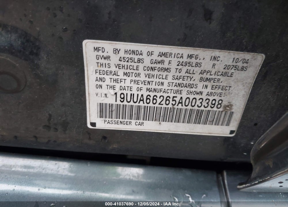 2005 ACURA TL VIN: 19UUA66265A003398