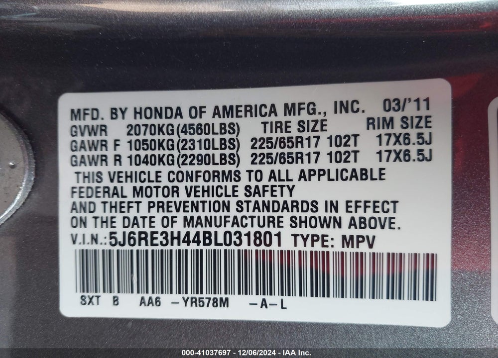 2011 HONDA CR-V SE VIN: 5J6RE3H44BL031801