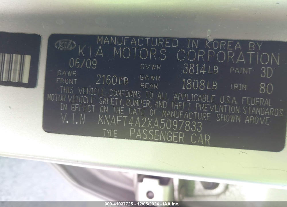 2010 KIA FORTE LX VIN: KNAFT4A2XA5097833
