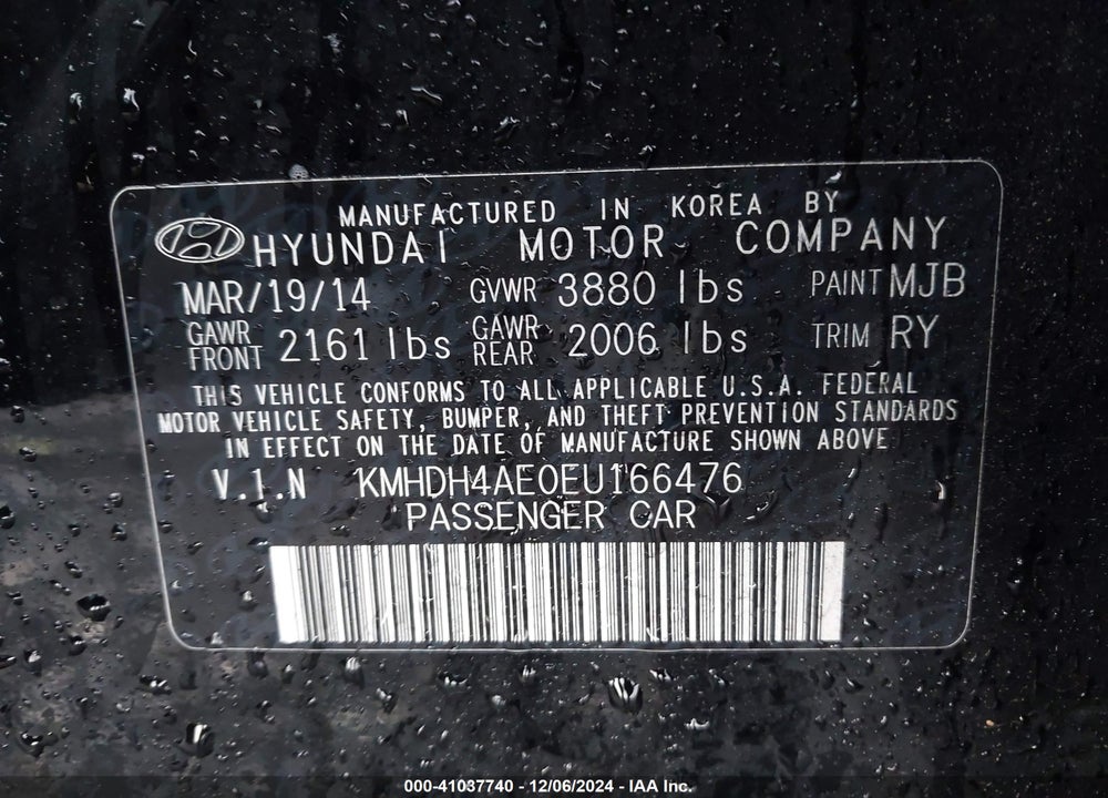 2014 HYUNDAI ELANTRA LIMITED VIN: KMHDH4AE0EU166476
