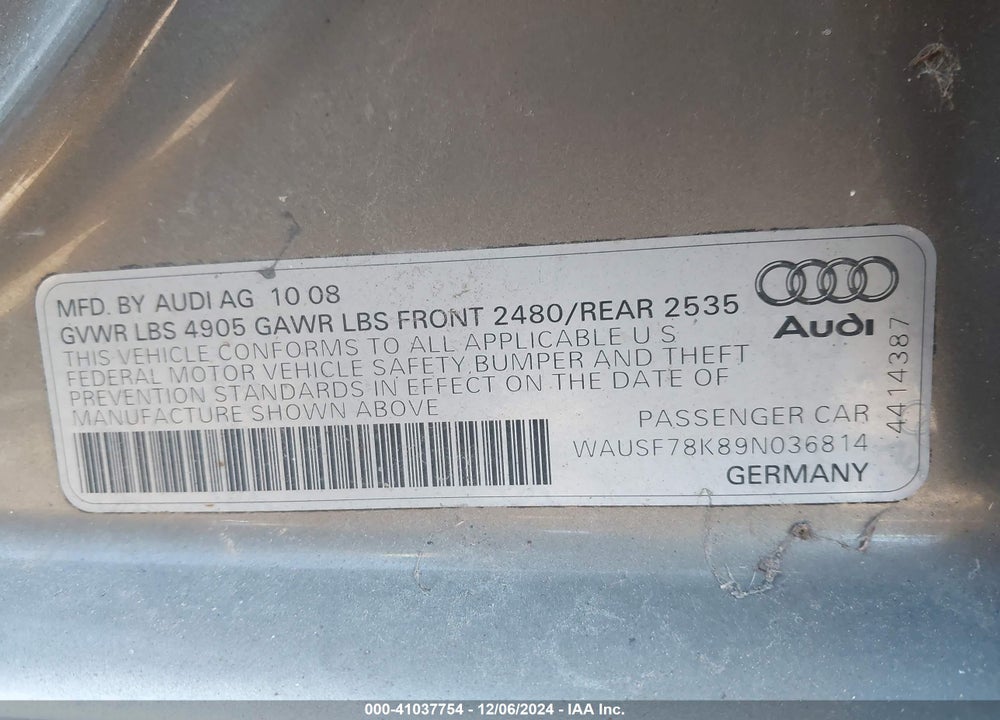 2009 AUDI A4 2.0T PREMIUM VIN: WAUSF78K89N036814