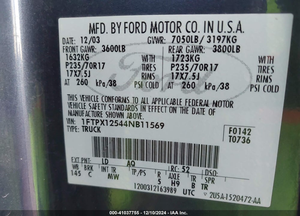 2004 FORD F-150 LARIAT/XL/XLT VIN: 1FTPX12544NB11569