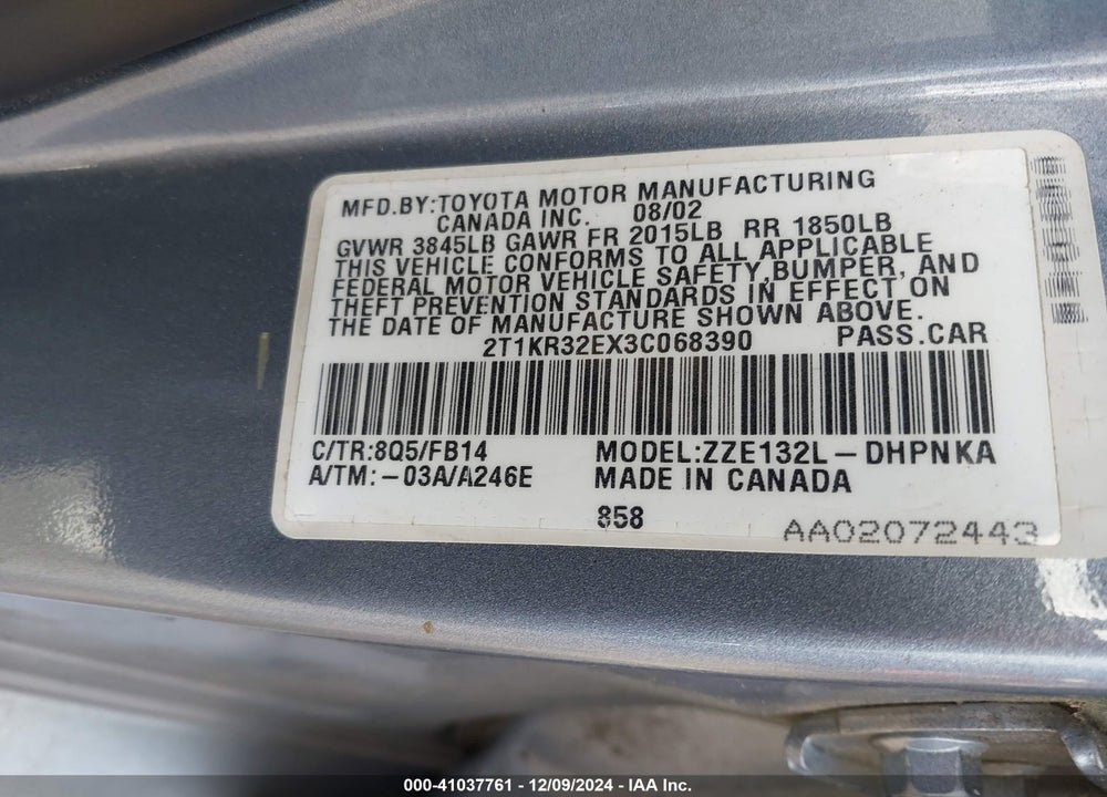 2003 TOYOTA MATRIX/XR VIN: 2T1KR32EX3C068390