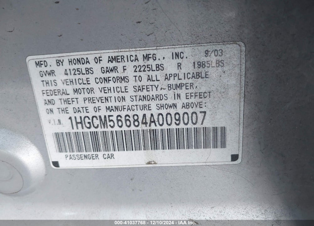 2004 HONDA ACCORD 2.4 EX VIN: 1HGCM56684A009007
