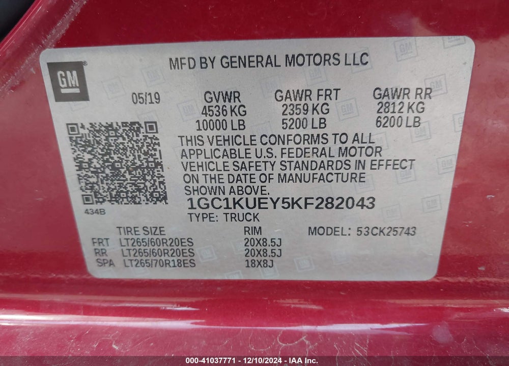 2019 CHEVROLET SILVERADO 2500HD VIN: 1GC1KUEY5KF282043