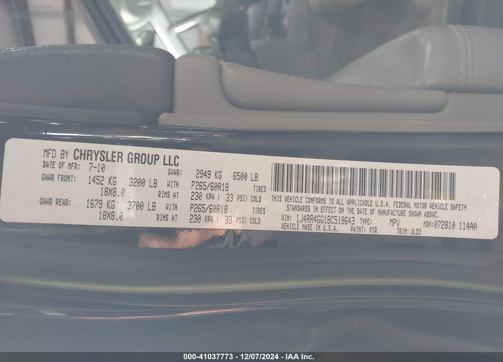 2011 JEEP GRAND CHEROKEE LAREDO VIN: 1J4RR4GG1BC519643
