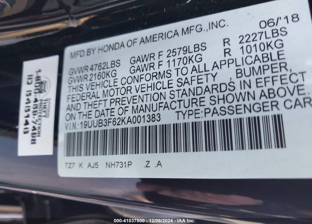 2019 ACURA TLX TECH & A-SPEC PKGS VIN: 19UUB3F62KA001383