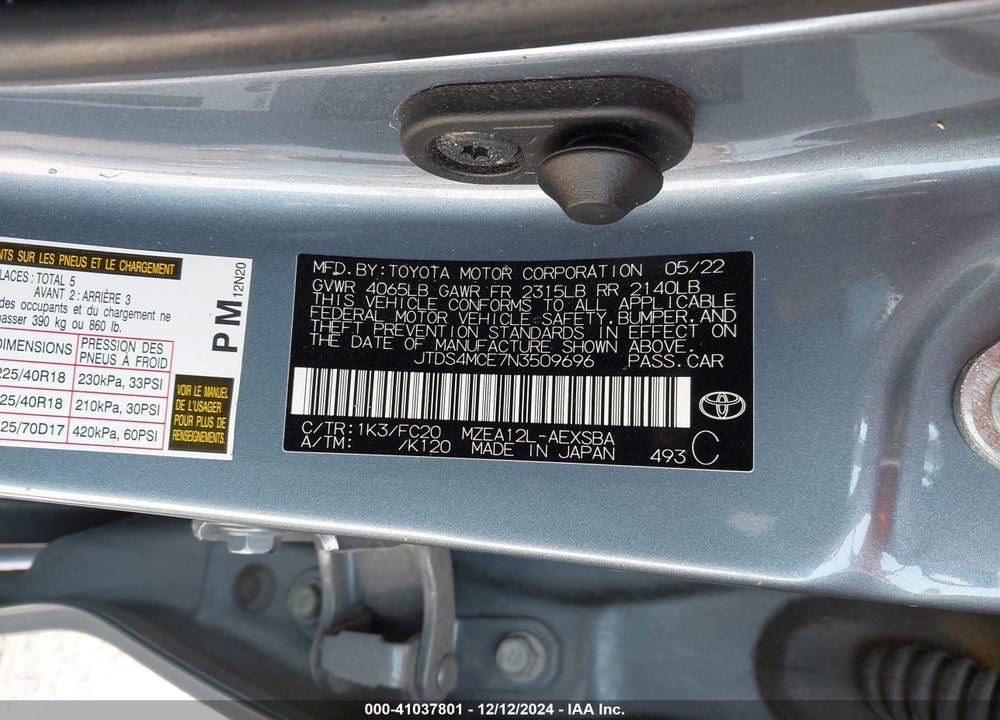 2022 TOYOTA COROLLA SE VIN: JTDS4MCE7N3509696
