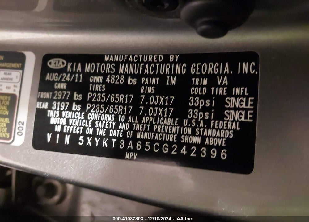 2012 KIA SORENTO LX VIN: 5XYKT3A65CG242396