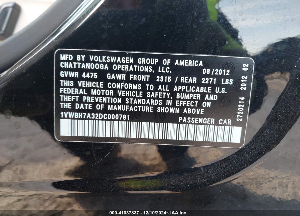 2013 VOLKSWAGEN PASSAT 2.5L SE VIN: 1VWBH7A32DC000781