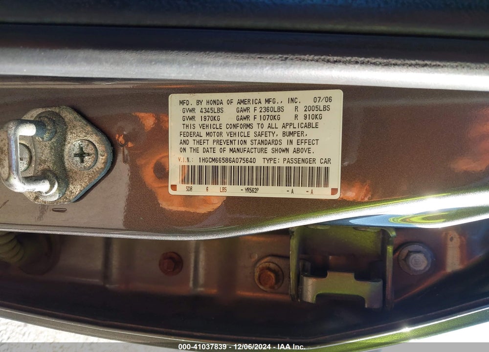 2006 HONDA ACCORD VIN: 1HGCM66586A075640