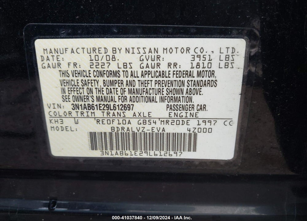 2009 NISSAN SENTRA 2.0SL VIN: 3N1AB61E29L612697