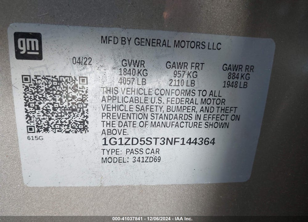 2022 CHEVROLET MALIBU VIN: 1G1ZD5ST3NF144364
