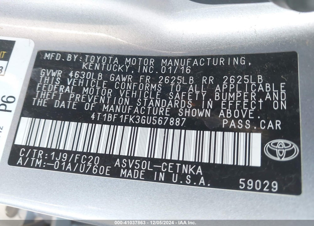 2016 TOYOTA CAMRY LE VIN: 4T1BF1FK3GU567887