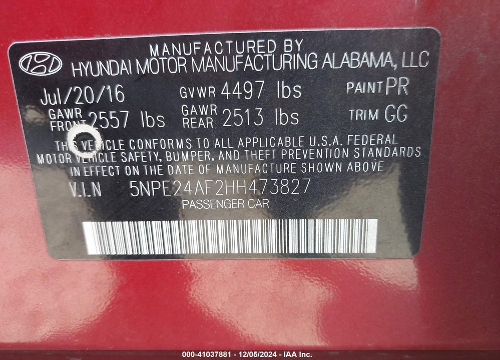 2017 HYUNDAI SONATA SE VIN: 5NPE24AF2HH473827