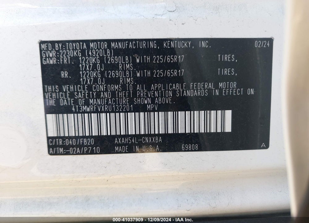2024 TOYOTA RAV4 HYBRID LE VIN: 4T3MWRFVXRU132201