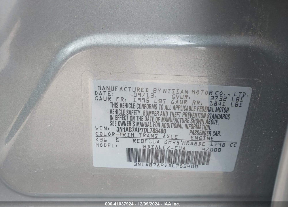 2013 NISSAN SENTRA S VIN: 3N1AB7AP7DL783400