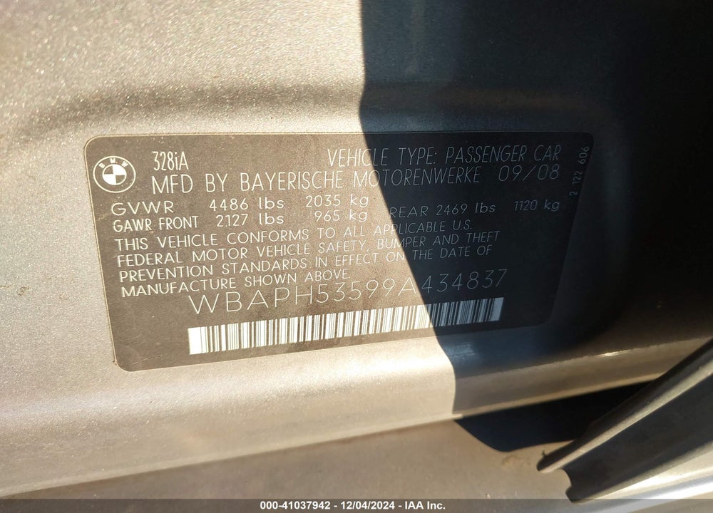 2009 BMW 328I VIN: WBAPH53599A434837