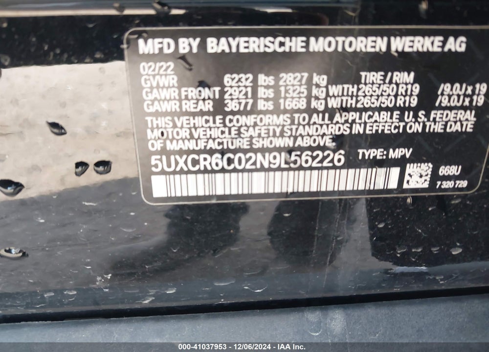 2022 BMW X5 XDRIVE40I VIN: 5UXCR6C02N9L56226