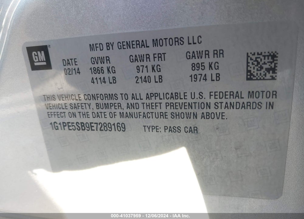 2014 CHEVROLET CRUZE 2LT AUTO VIN: 1G1PE5SB9E7289169