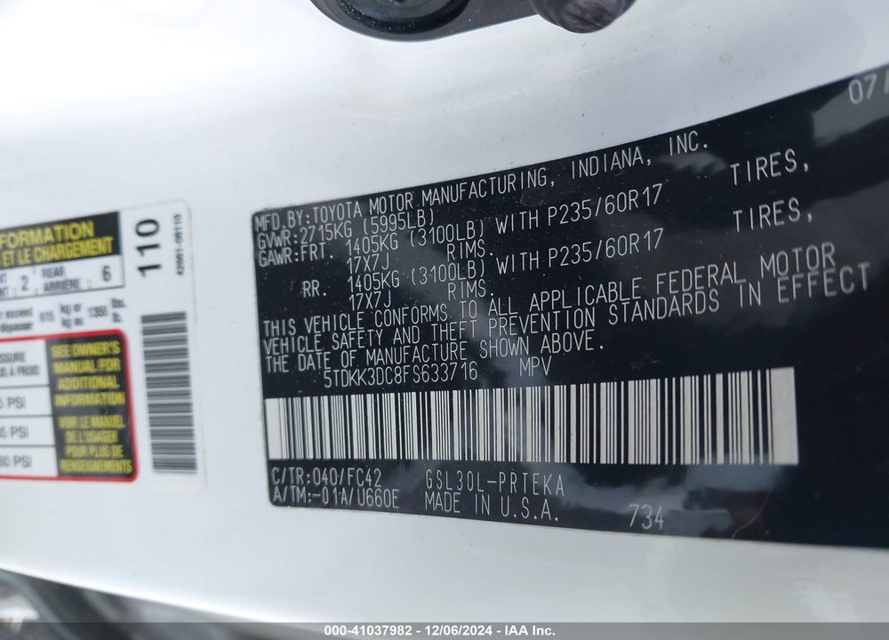 2015 TOYOTA SIENNA LE 8 PASSENGER VIN: 5TDKK3DC8FS633716