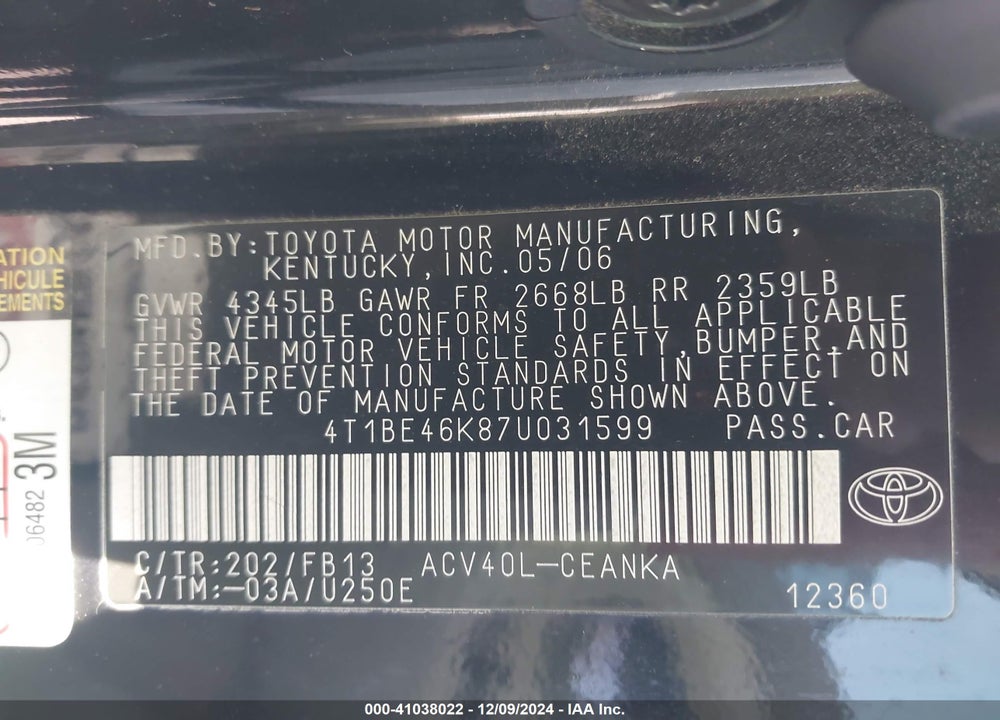 2007 TOYOTA CAMRY LE VIN: 4T1BE46K87U031599