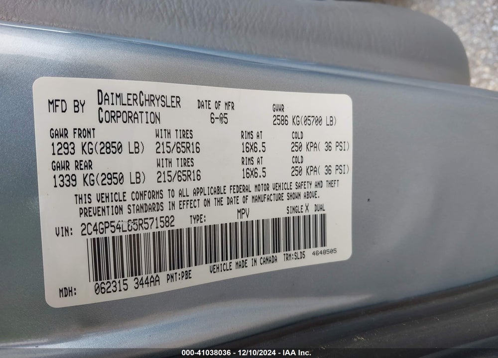 2005 CHRYSLER TOWN & COUNTRY TOURING VIN: 2C4GP54L65R571582