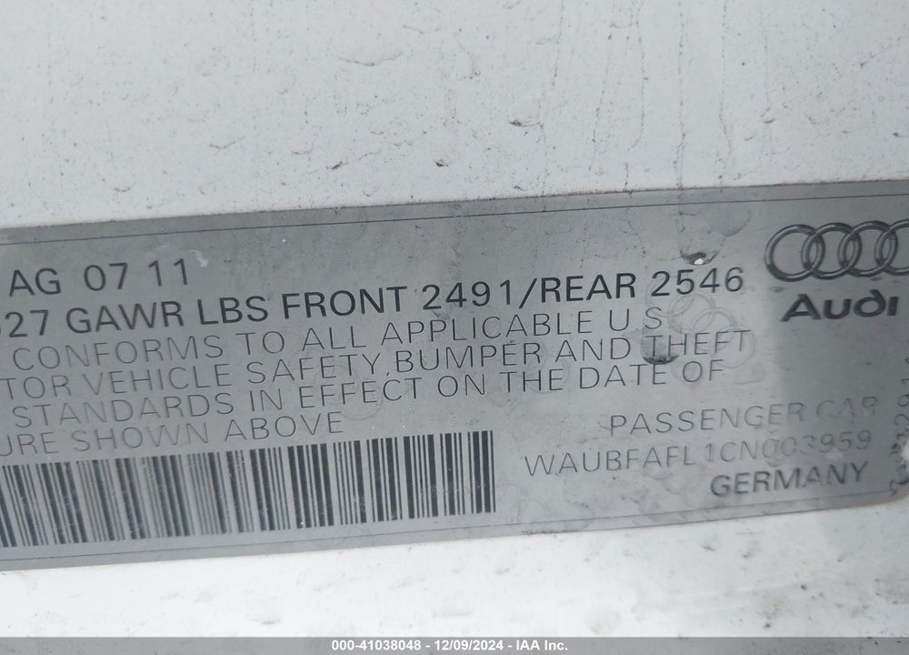 2012 AUDI A4 VIN: WAUBFAFL1CN003959
