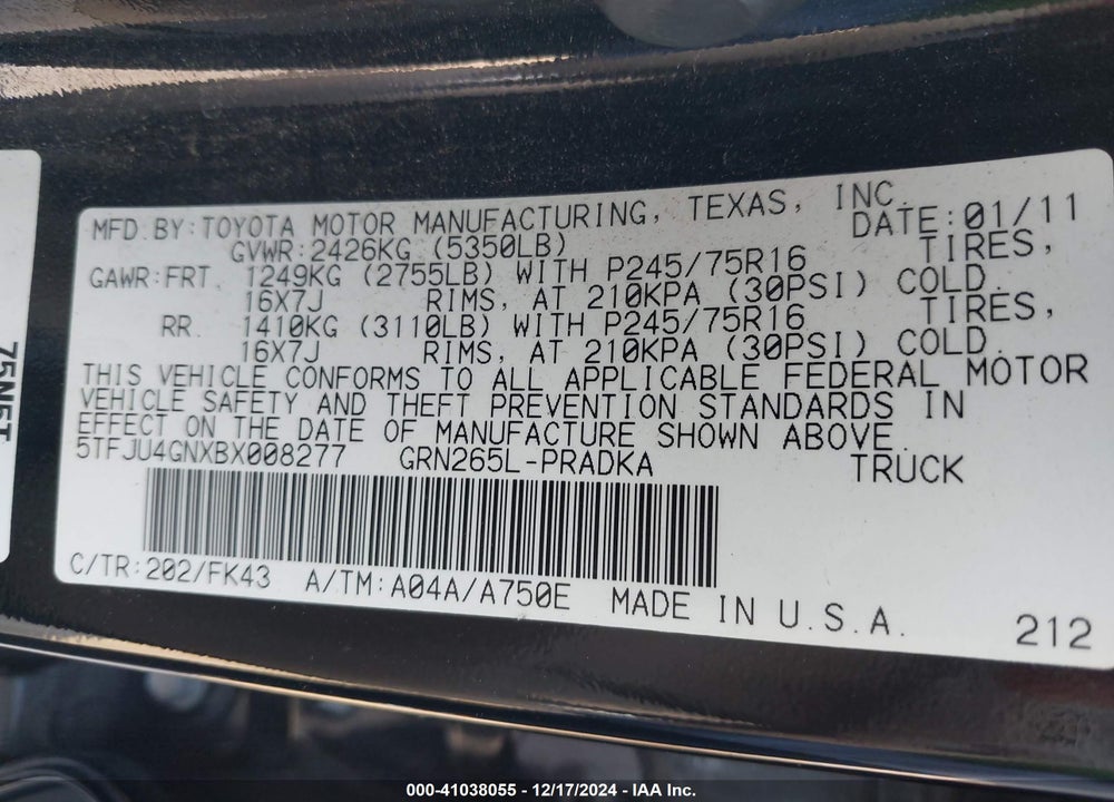 2011 TOYOTA TACOMA DOUBLE CAB PRERUNNER VIN: 5TFJU4GNXBX008277