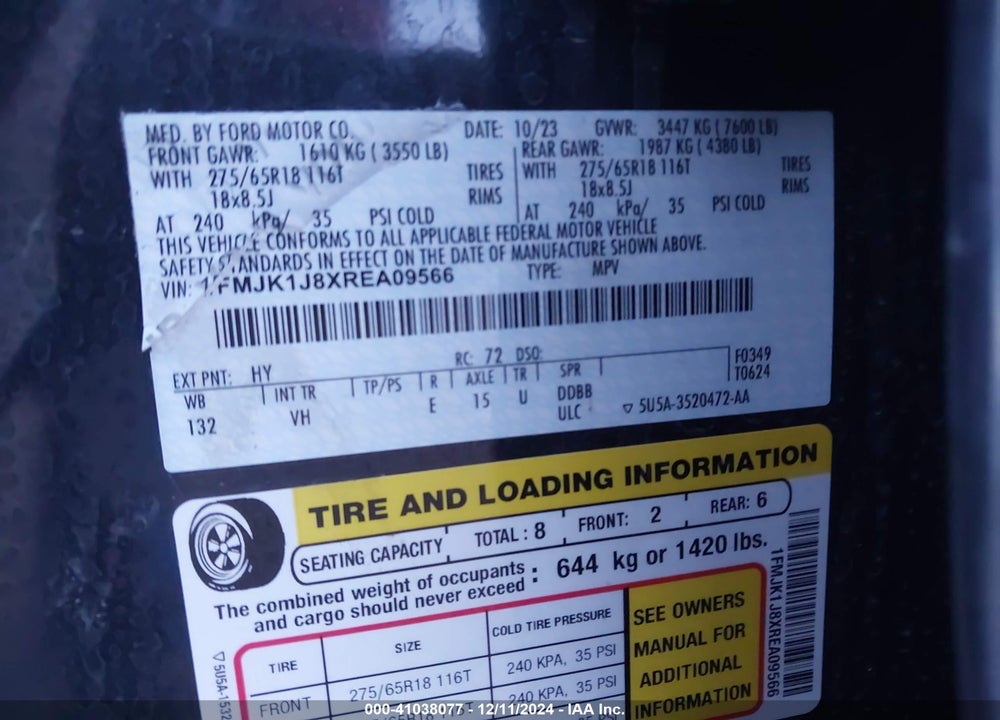 2024 FORD EXPEDITION XLT MAX VIN: 1FMJK1J8XREA09566