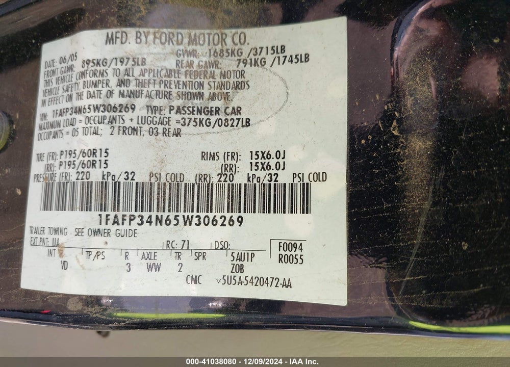 2005 FORD FOCUS ZX4 VIN: 1FAFP34N65W306269