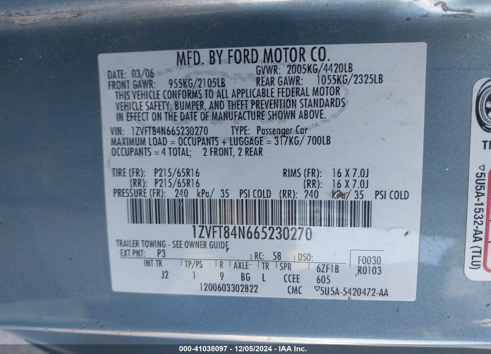 2006 FORD MUSTANG V6 VIN: 1ZVFT84N665230270
