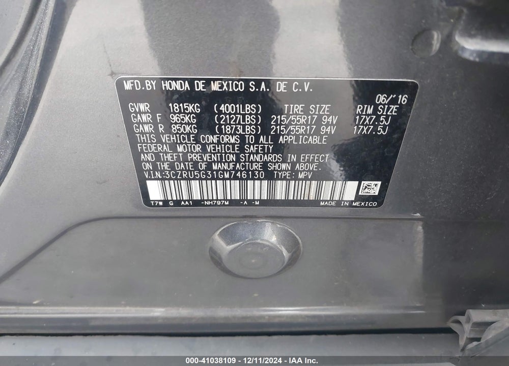 2016 HONDA HR-V LX VIN: 3CZRU5G31GM746130