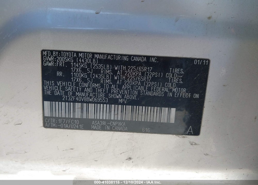 2011 TOYOTA RAV4 VIN: 2T3ZF4DV8BW069553